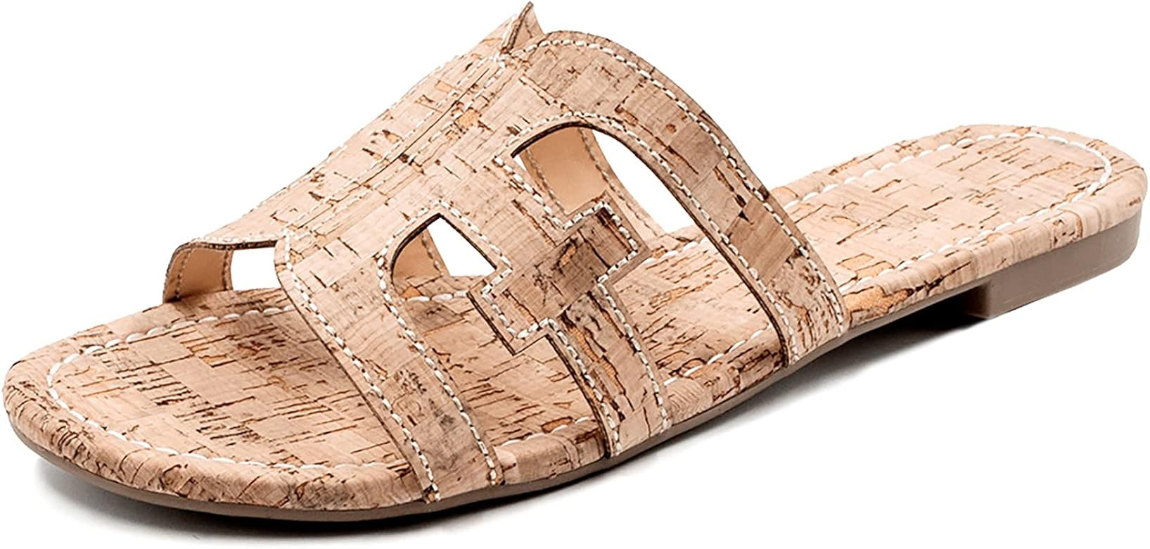 Softome Women's Flat Slide Sandals Cutout Leather Open Toe Slip on Sandals for Summer | Amazon (US)