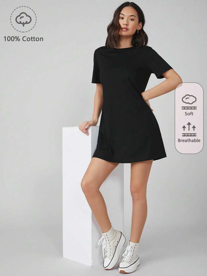 SHEIN BASICS 100% Cotton Solid Tee Dress | SHEIN