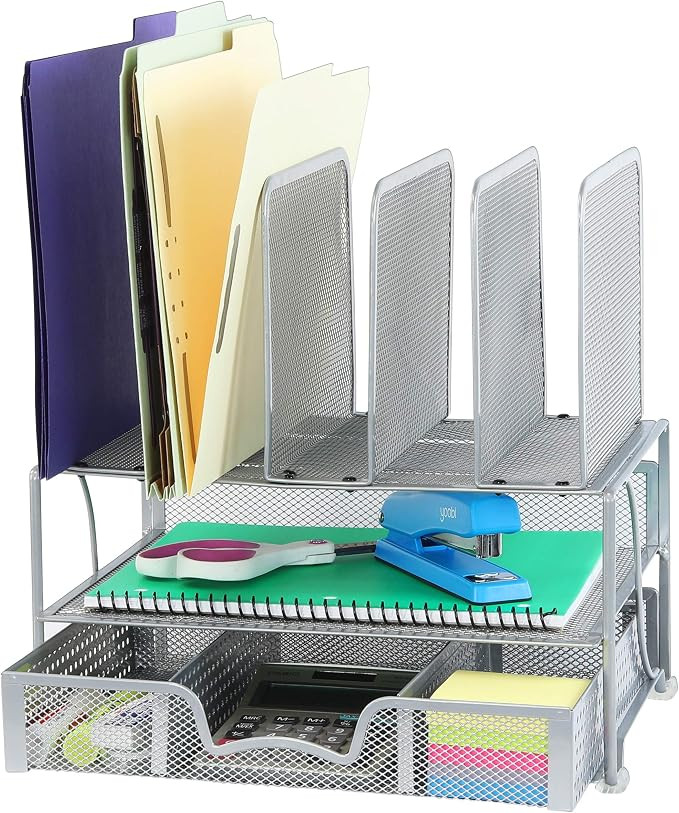 SimpleHouseware Mesh Desk Organizer with Sliding Drawer, Double Tray and 5 Upright Sections, Silv... | Amazon (US)
