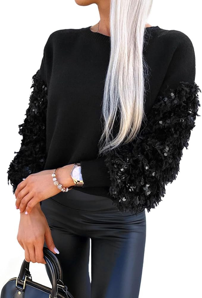 miduo Womens 2025 Fashion Crewneck Sequin Long Sleeve Casual Patchwork Sparkle Shimmer Pullovers ... | Amazon (US)