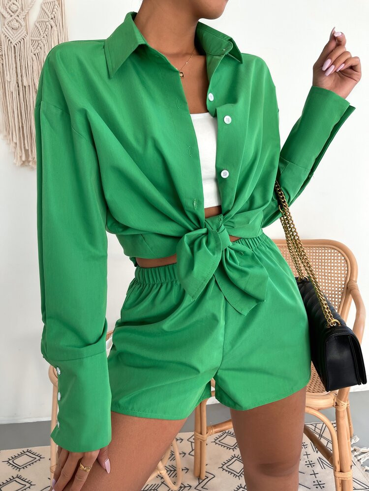 Solid Button Front Drop Shoulder Blouse & Shorts | SHEIN