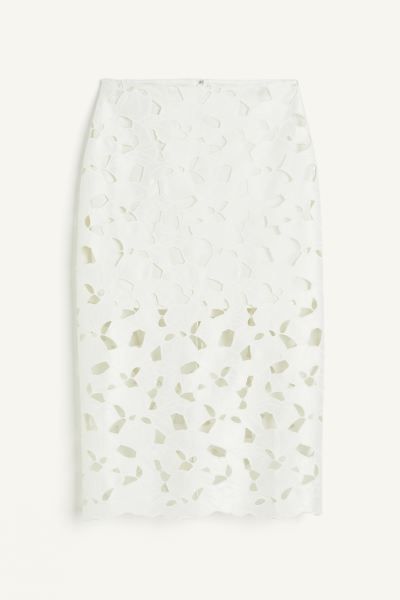 Satin Skirt with Eyelet Embroidery - White - Ladies | H&M US | H&M (US + CA)