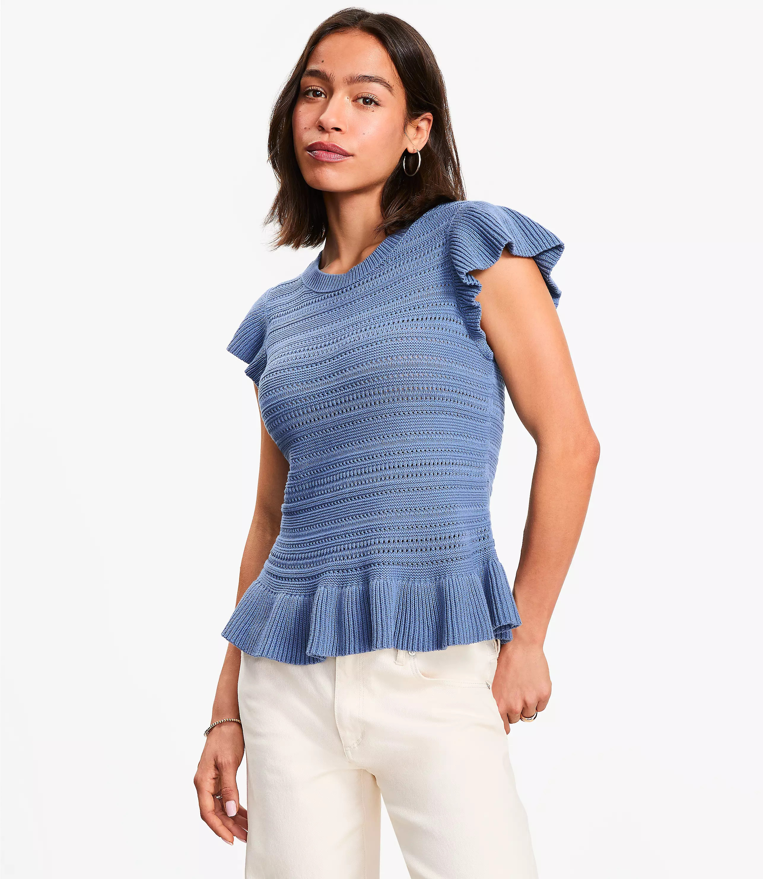 Pointelle Ruffle Sweater | LOFT