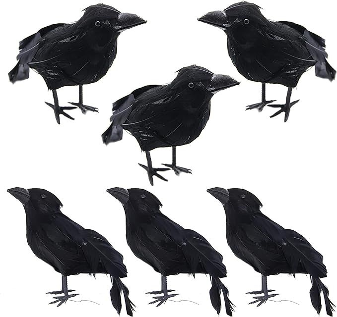 ATDAWN Cuervos con plumas negras de Halloween, decoración realista de Halloween, paquete de 6 | Amazon (US)