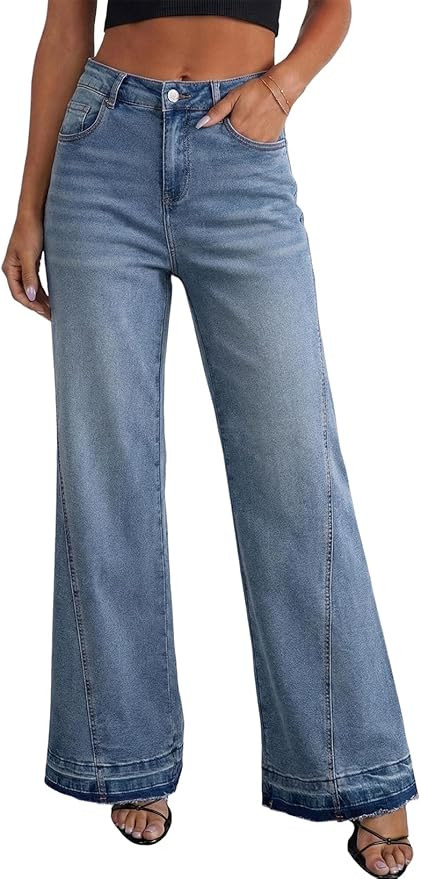 Dokotoo Jeans for Women Casual High Waisted Wide Leg Denim Pants Baggy Raw Hem Flare Jeans with P... | Amazon (US)
