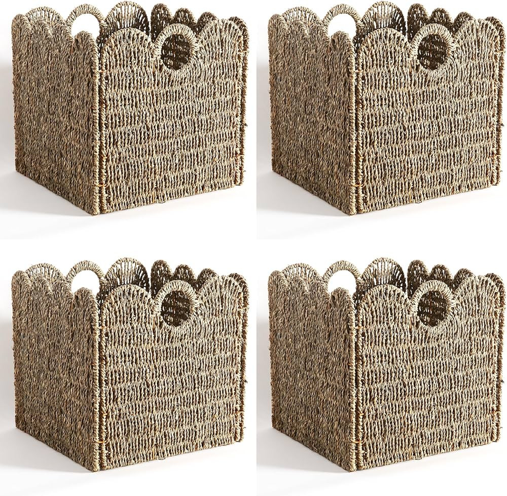 Scalloped Wicker Storage Cubes Basket, 12”x12“ Heavy Duty Paper rope/Hyacinth/Seagrass Basket... | Amazon (US)