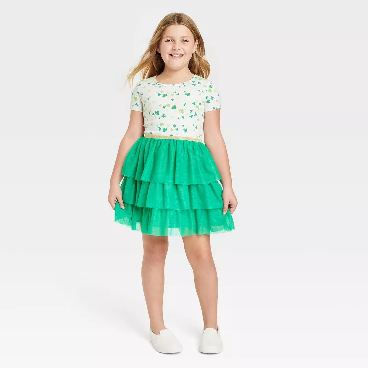Girls' Tiered Tulle St. Patrick's Day Short Sleeve Dress - Cat & Jack™ Cream | Target