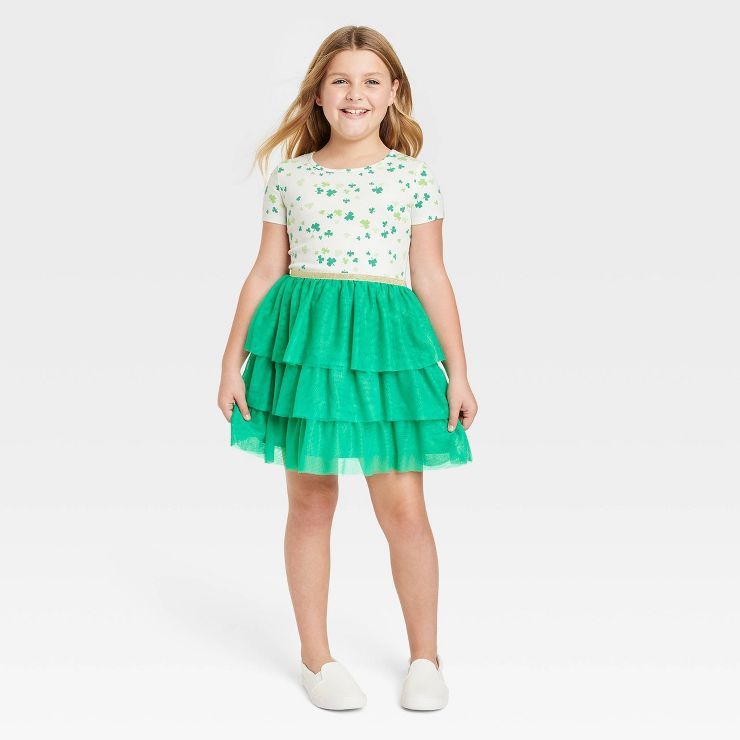 Girls' Tiered Tulle St. Patrick's Day Short Sleeve Dress - Cat & Jack™ Cream | Target