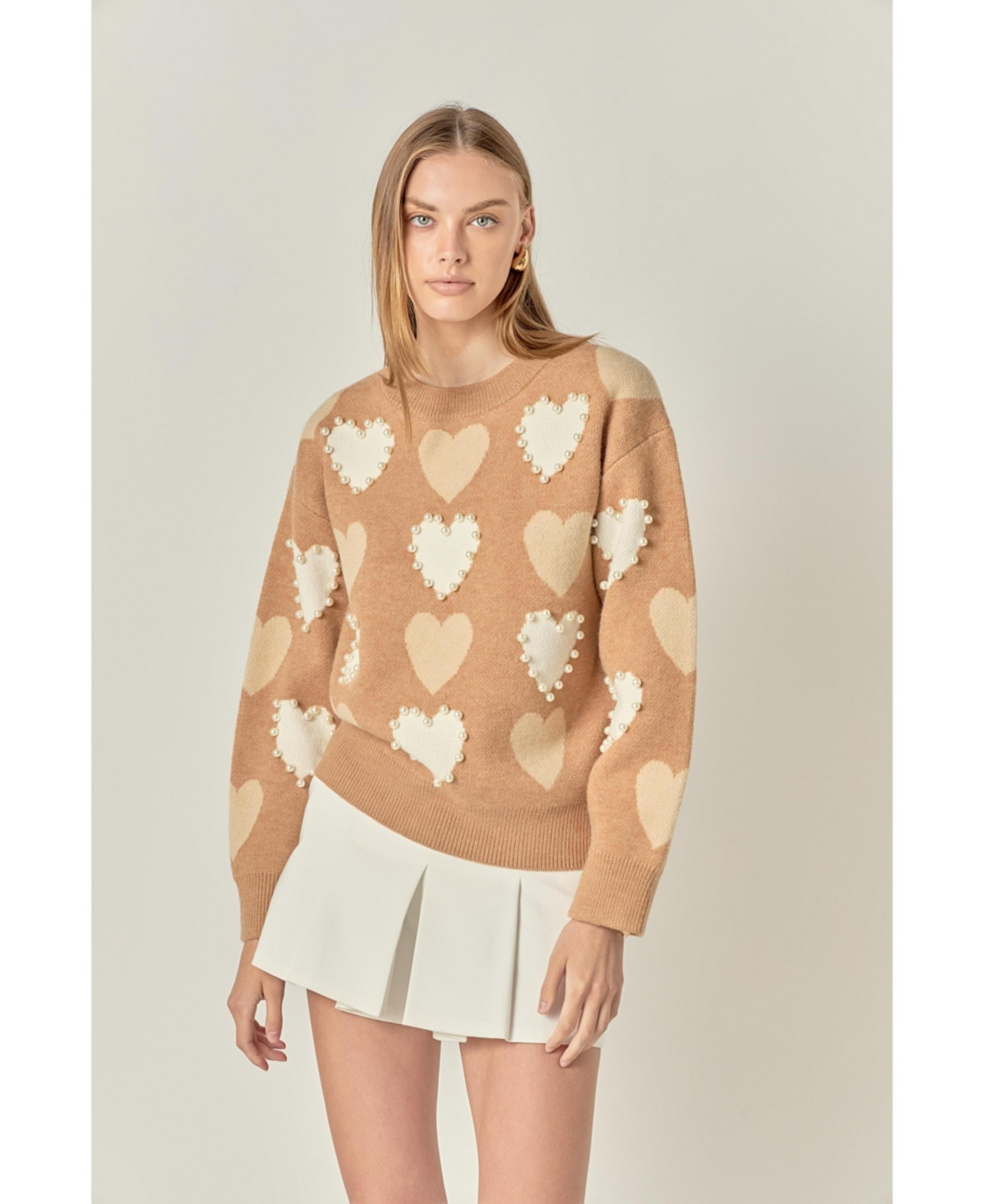 English Factory Women's Pearl with Heart Pattern Sweater - Tan multi | Macy's