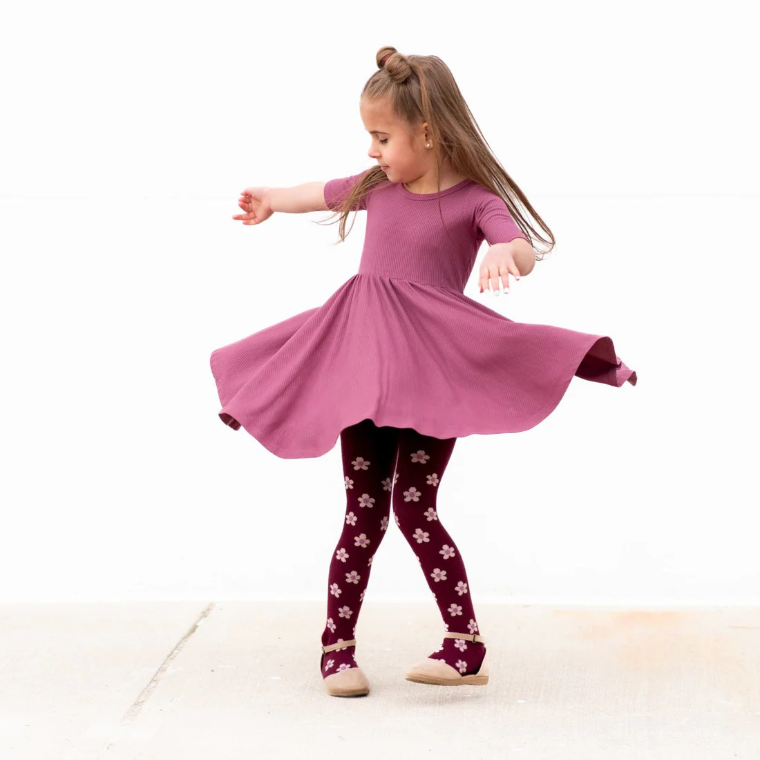 MID SLEEVE TWIRL DRESS- Mauve Ribbed | millie + roo
