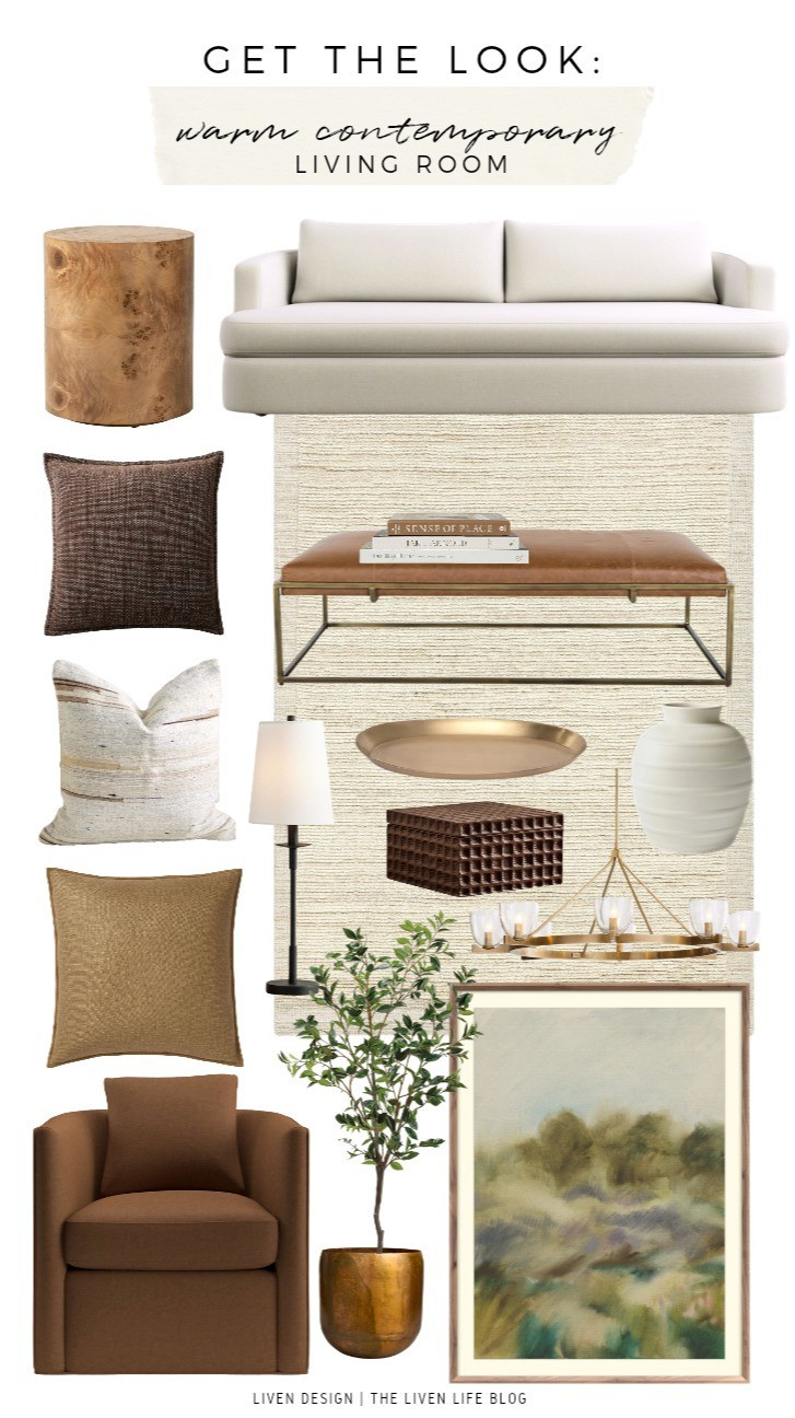 Warm contemporary living room. Get the look. Burl wood side table. Sofa. Neutral rug. Neutral decor. Leather ottoman. Throw pillows. Brass tray. Copper planter. Vase

#LTKSeasonal #LTKHome #LTKSaleAlert