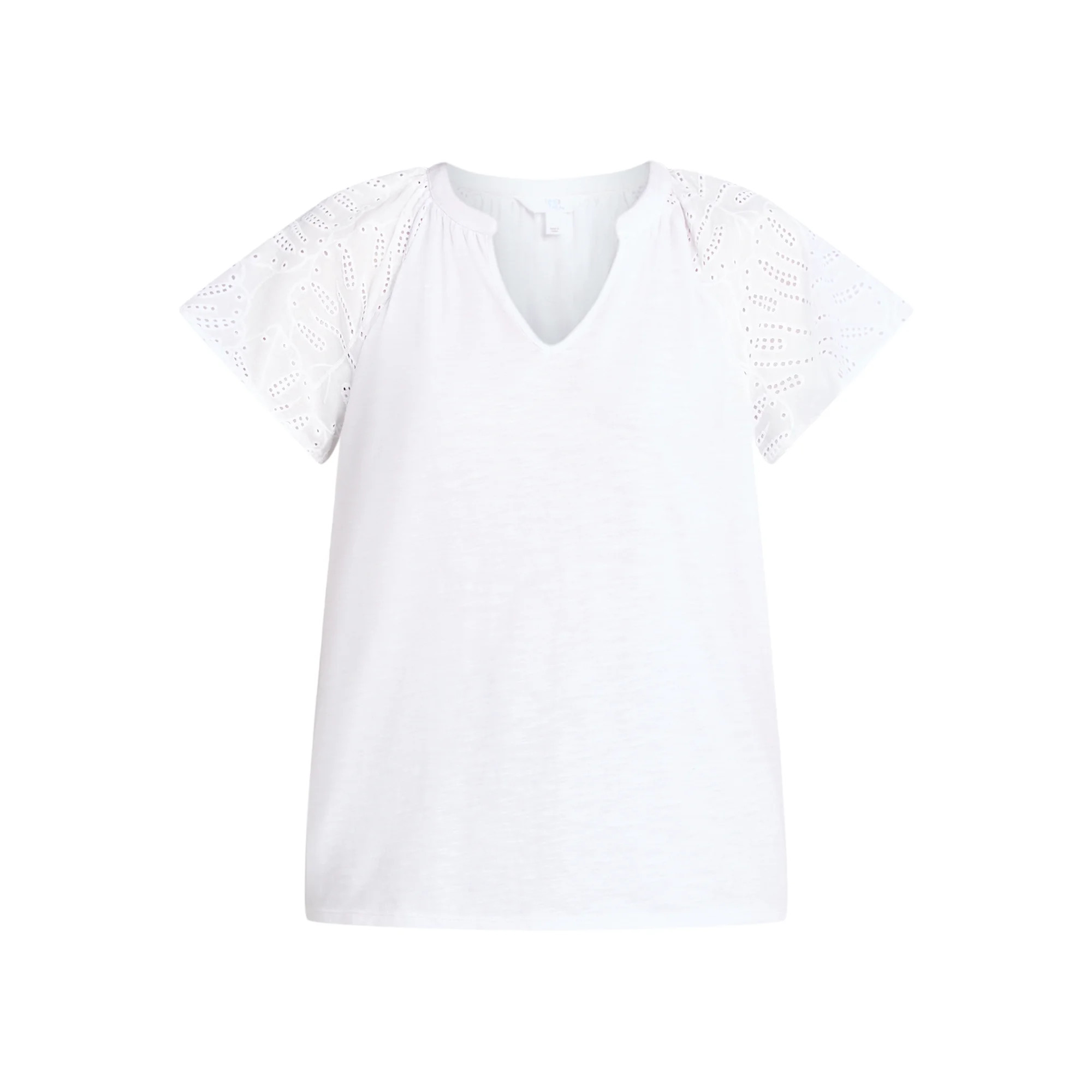 Time Tru Women's Mixed Media Cotton Top with Eyelet Flutter Sleeves, Sizes XS-XXXL | Walmart (US)