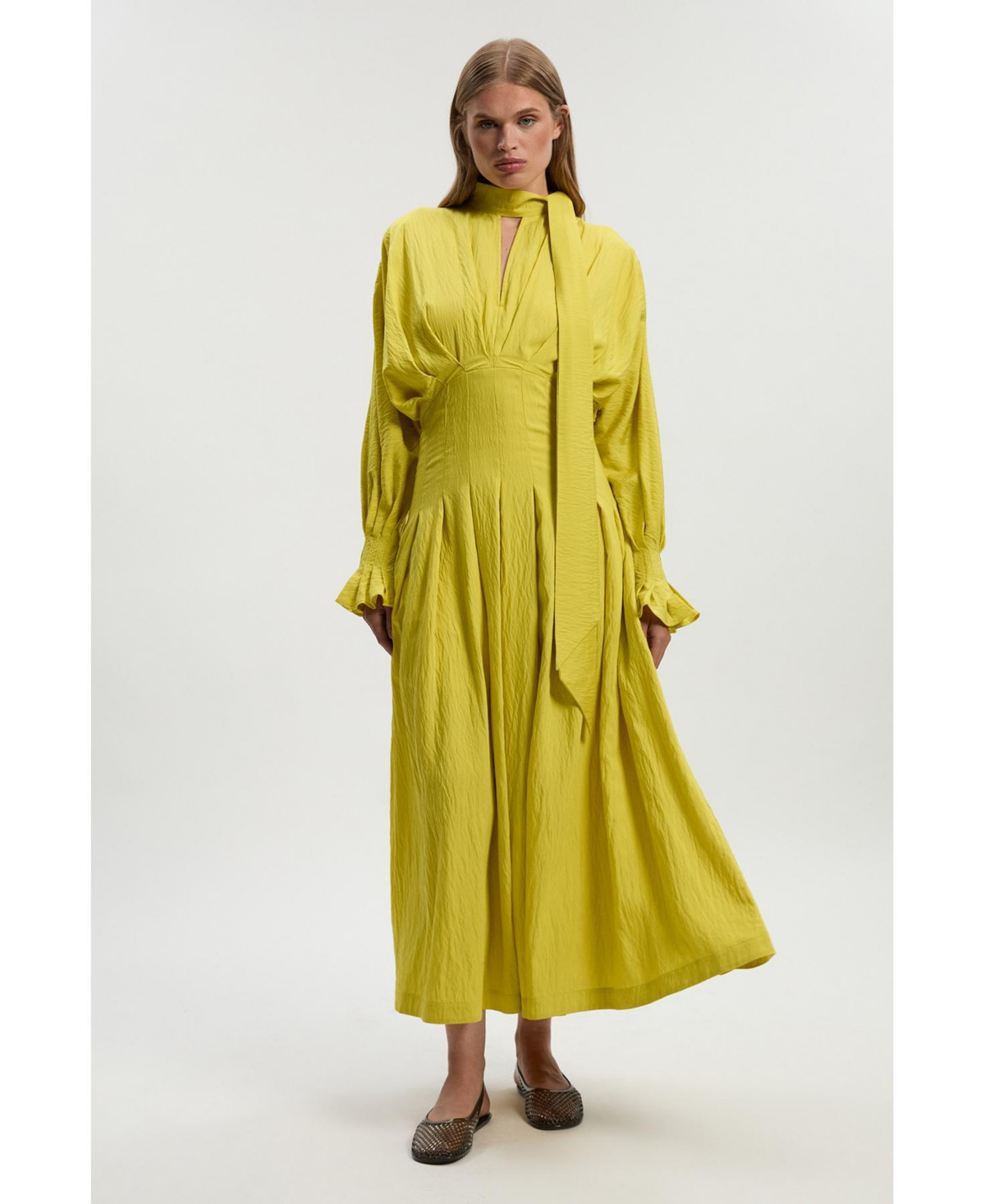 Karen Millen Women's Pleated Neck Tie Detail Woven Maxi Dress - Chartreuse | Macy's