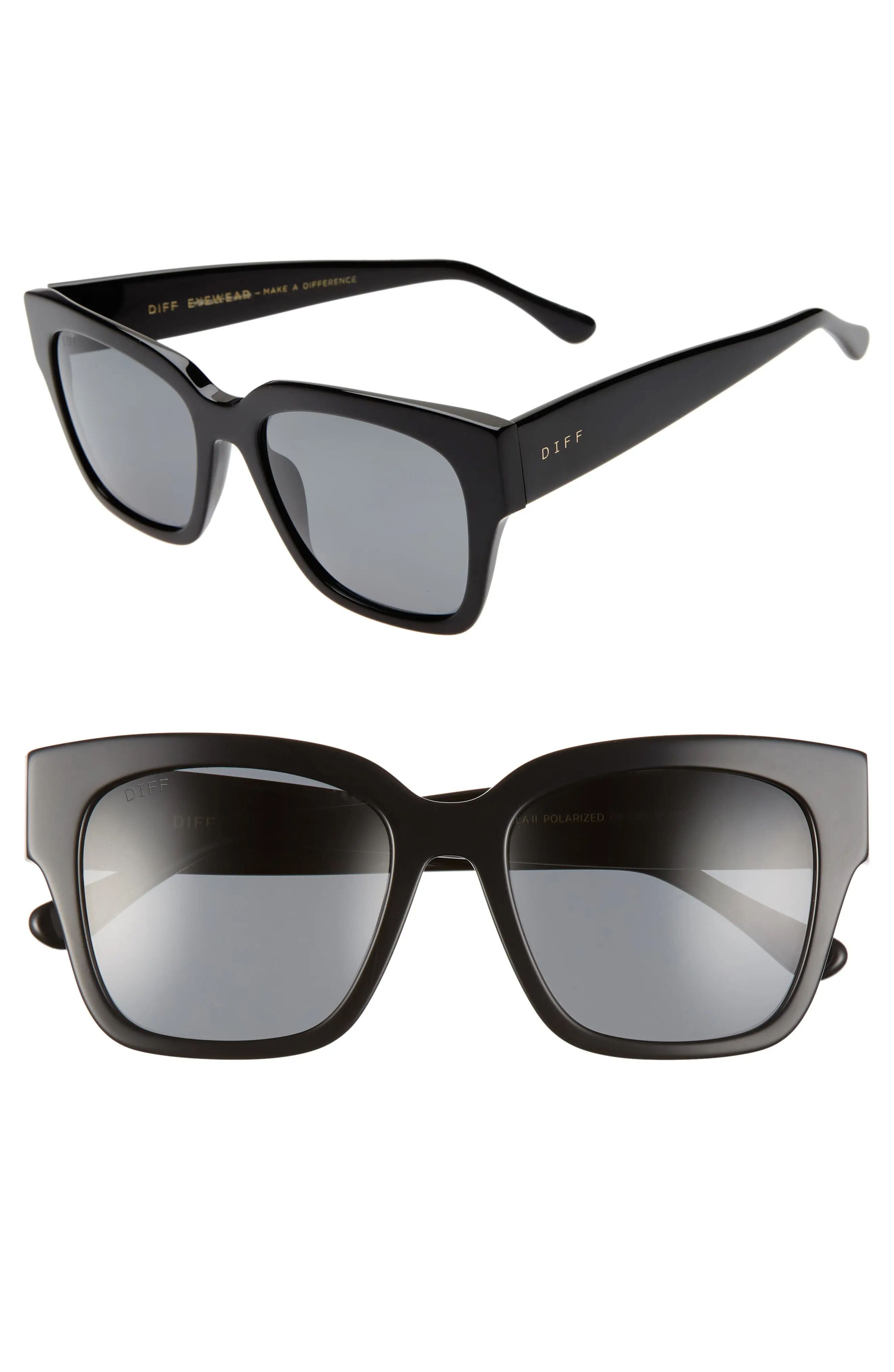DIFF Bella II 55mm Polarized Square Cat Eye Sunglasses in Black/Grey at Nordstrom | Nordstrom