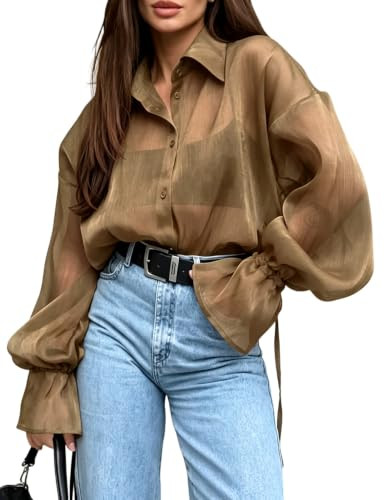 Wyeysyt Sheer Tops for Women Shiny Mesh Top Sheer Blouse | Amazon (US)