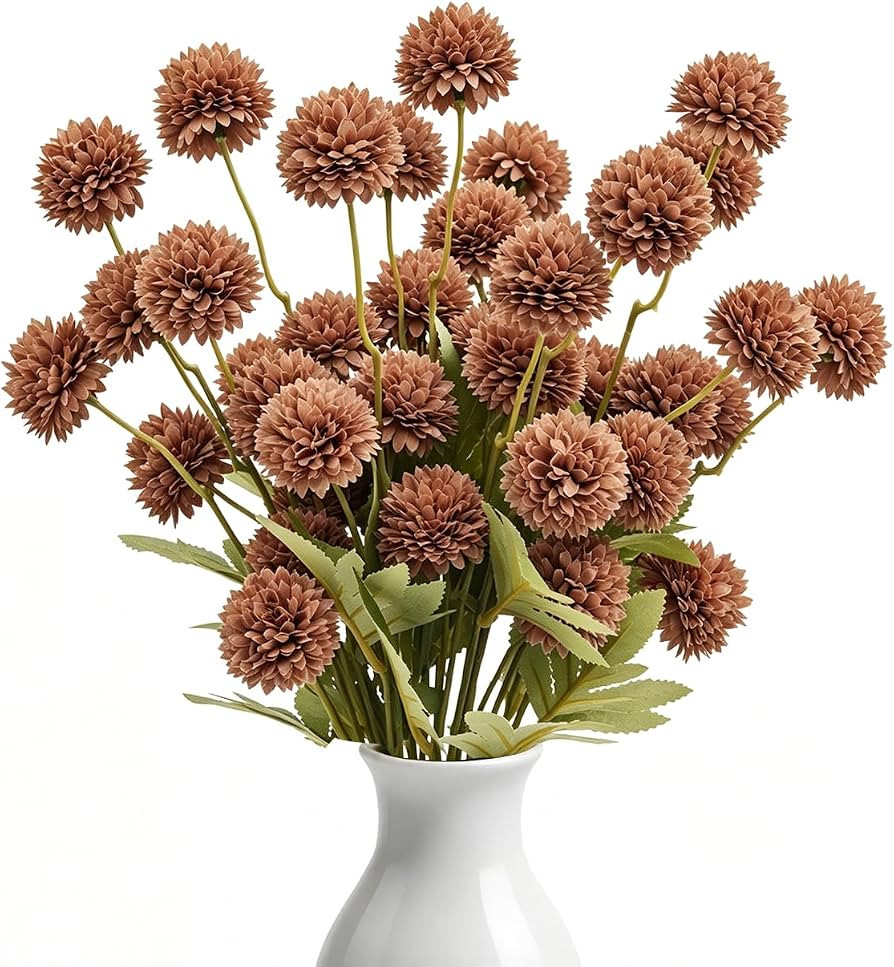 8pcs Light Taupe Mini Faux Silk Pompon Mums Artificial Flowers for Vase | Amazon (US)