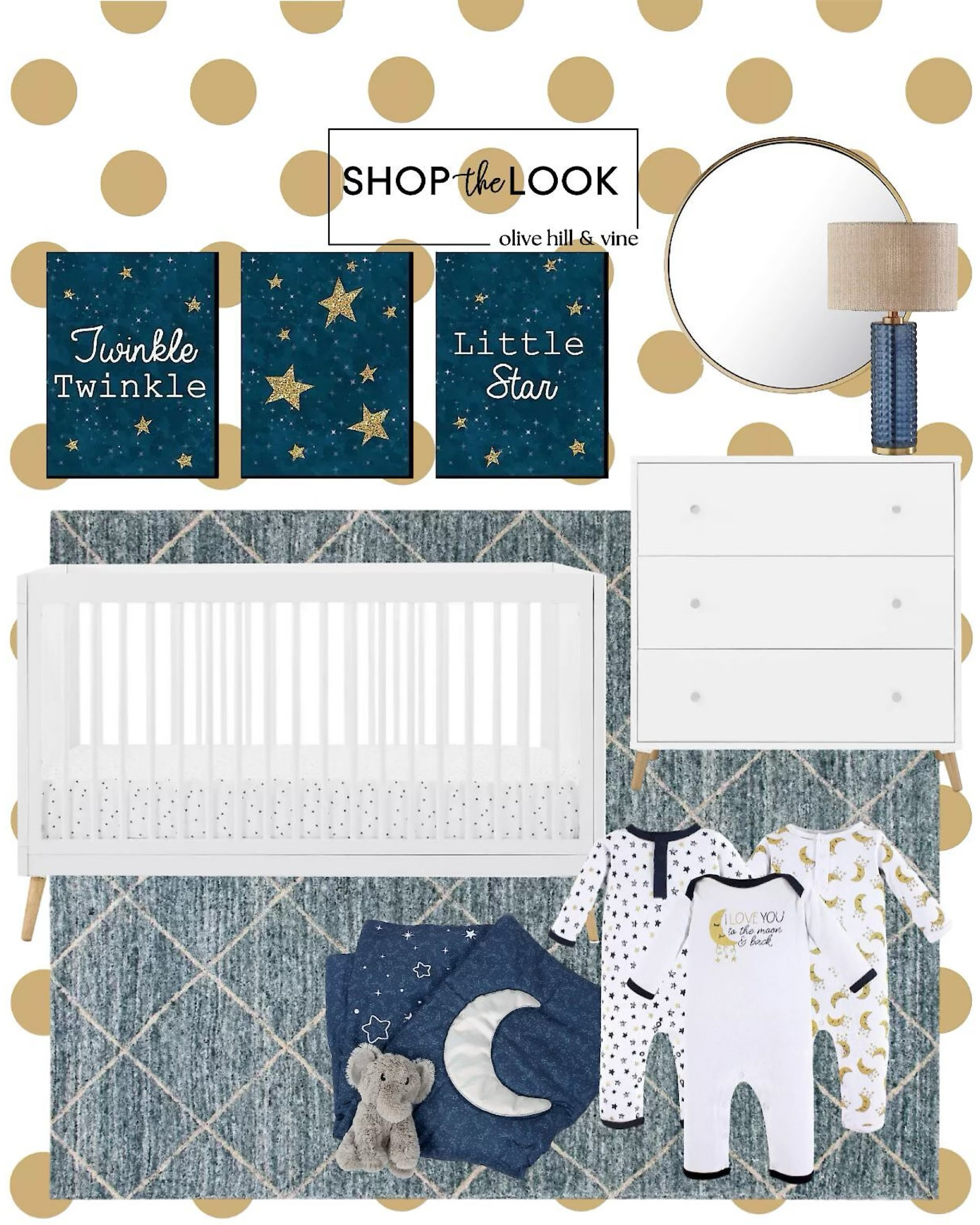 Bring dreamy vibes to your nursery with a "Twinkle Twinkle Little Star" theme. Start with white furniture like this 4-in-1 convertible crib and 3-drawer dresser. Add a blue plaid area rug, white-and-gold circle wallpaper, and a round mirror. Starry bedding and celestial artwork complete this magical look. 

#LTKHome #LTKBaby #LTKBump