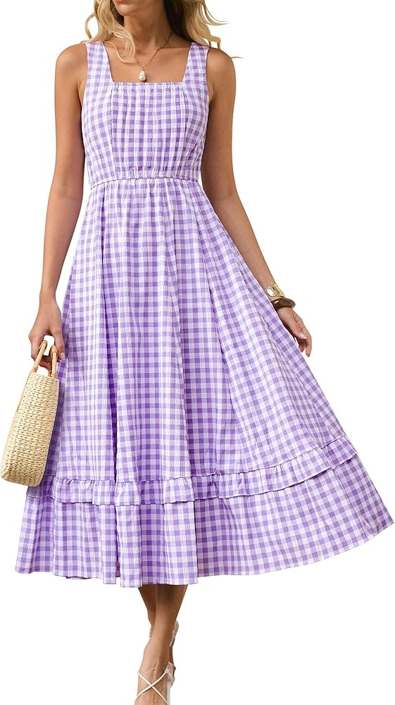 Caracilia Womens Summer Casual Gingham Plaid Midi Dress Sleeveless Square Neck Flowy Beach Vacati... | Amazon (US)
