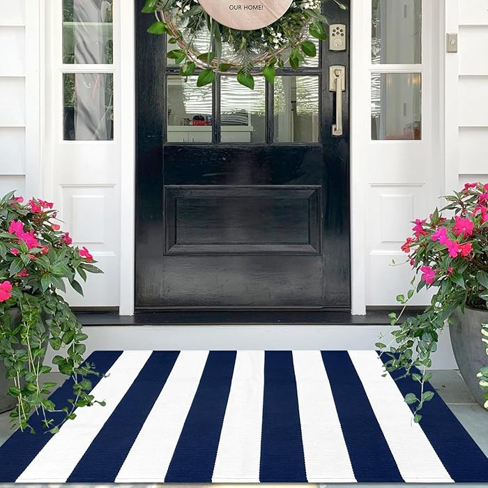 IOHOUZE Navy White Striped Rug -3x5 Front Door Mats Outdoor,Washable Rug for Front Porch Decor,Sp... | Amazon (US)