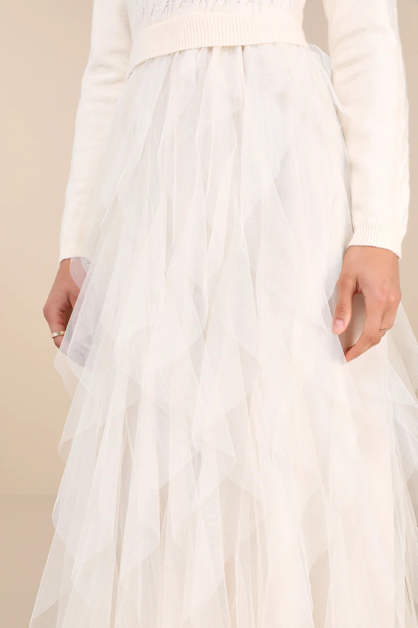 Ultimate Beauty Ivory Cable Knit Ruffled Tulle Maxi Dress | Lulus
