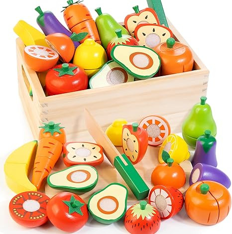 Wooden Play Food for Toddlers, Fruit and Veggies Cutting Set for Kids, Pretend Food Play Kitchen ... | Amazon (US)