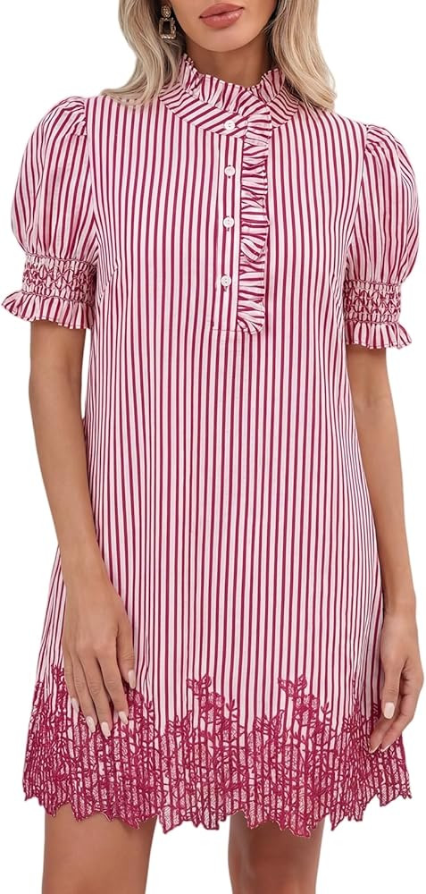 EZAPINE Embroidered Striped Dress for Women Stand Ruffle Collar Puff Sleeve Button Front Shift Dr... | Amazon (US)