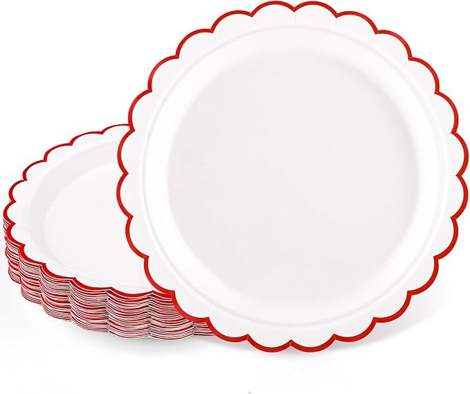 30 Pk Red Paper Plates 7" Scalloped Red White Dessert Cake Plates | Amazon (US)