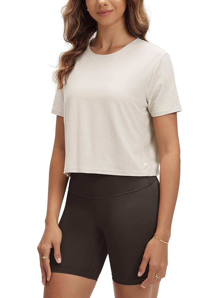 ODODOS Women's Performance Cropped Tee Ultra Soft Stratum Tech Short Sleeve Relaxed Top Crew Neck... | Amazon (US)