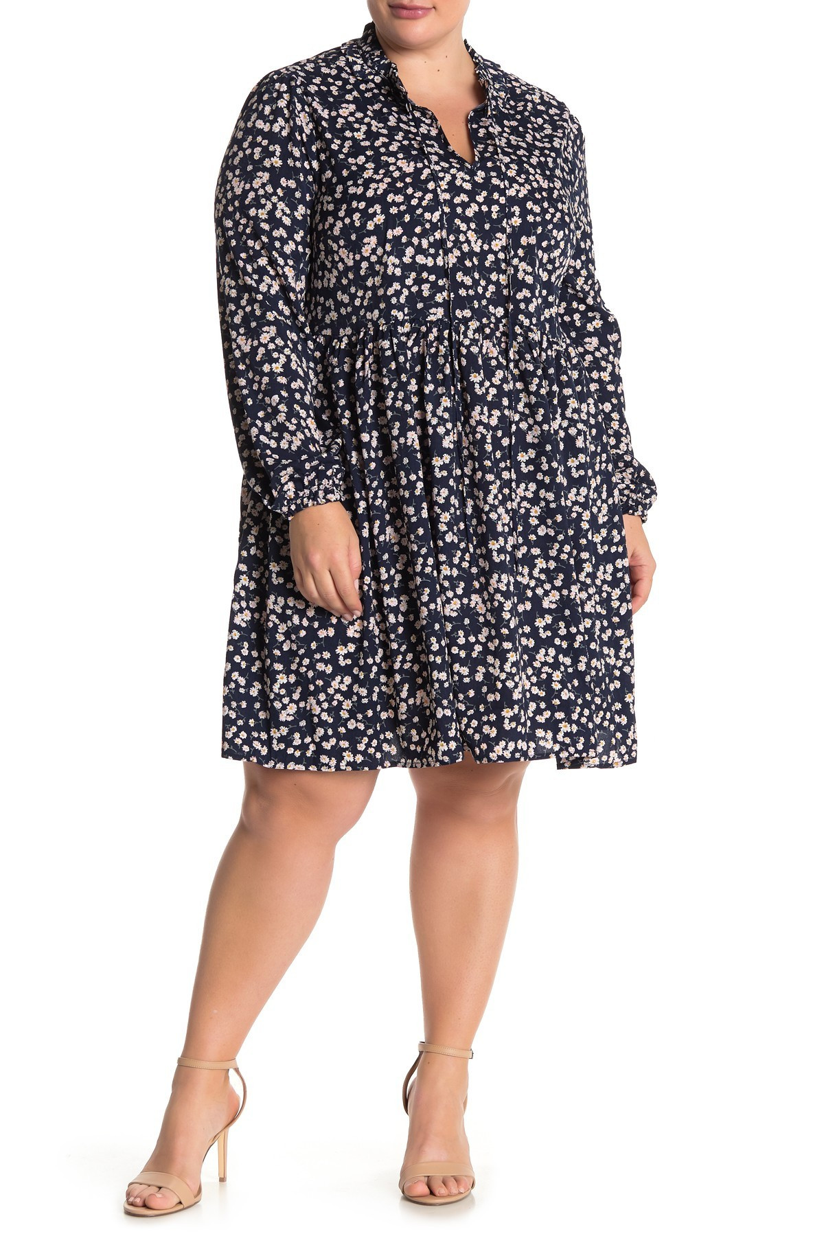 Long Sleeve Tie Neck Printed Babydoll Dress (Plus Size) | Nordstrom Rack