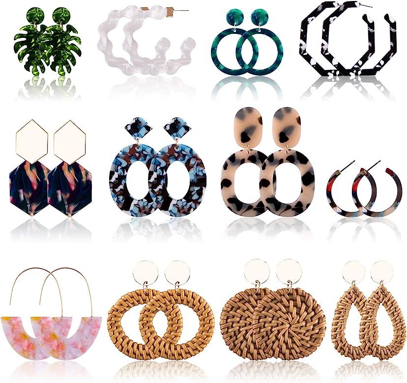12 Pairs Acrylic Earrings Rattan Earrings Set Resin Drop Dangle Mottled Acrylic Hoop Earrings Sta... | Amazon (US)