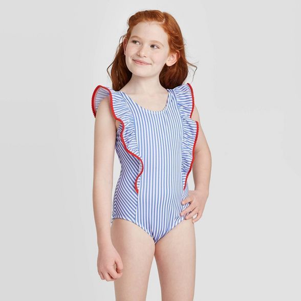 Girls' Ruffle Sleeve Striped One Piece Swimsuit - Cat & Jack™ Blue | Target