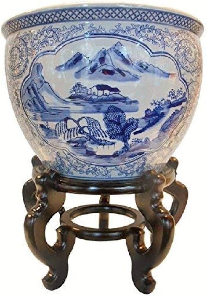 Oriental Furnishings Blue and White Porcelain Garden Pots Painted Landscape (12" W x 9" H/Inside ... | Amazon (US)