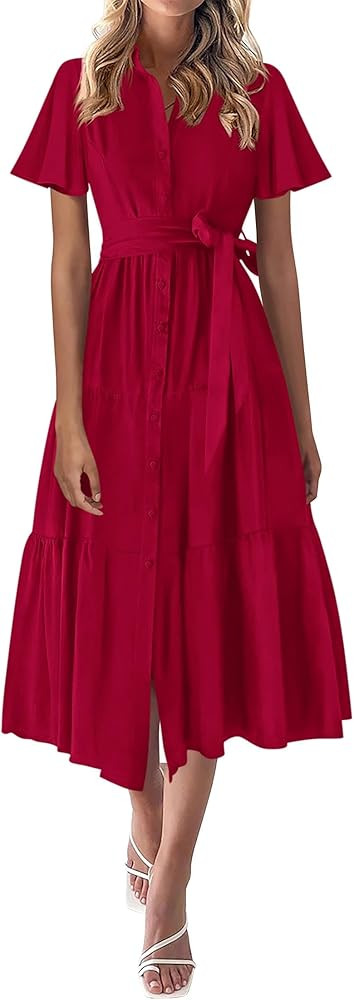 KIRUNDO Summer Button Down Wedding Guest Shirt Dresses for Women Maxi Flutter Short Sleeve Flowy ... | Amazon (US)