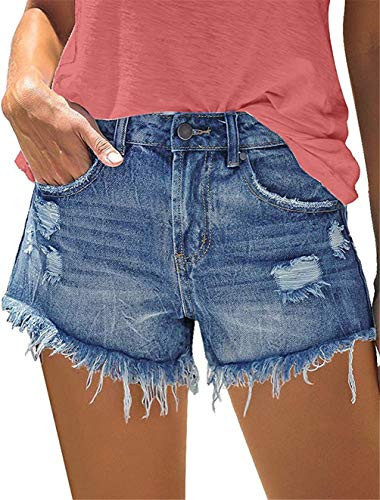onlypuff Ripped Denim Shorts for Women Cut Off Summer Jean Shorts High Waisted Ripped Jean Shorts Mid Rise Blue M | Amazon (US)