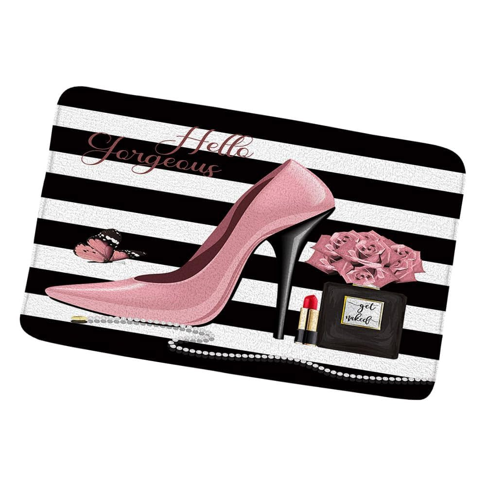 Flower Butterfly Bath Mat Hello Gorgeous Fashion Girl Black Perfume Bottle Lipstick Pink High Hee... | Amazon (US)