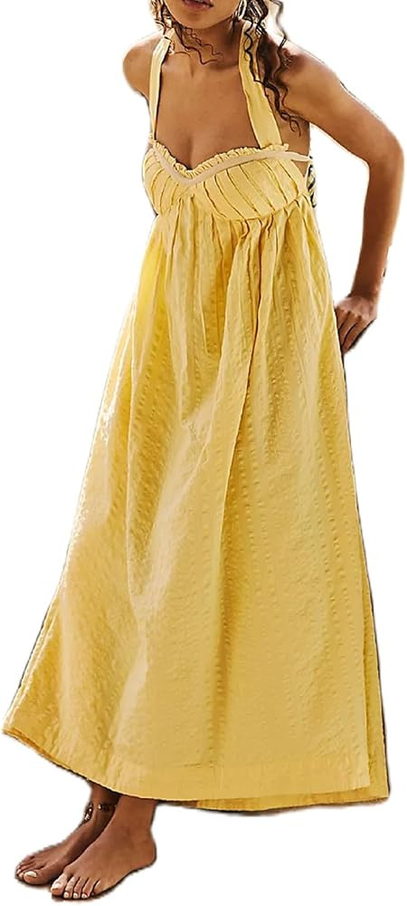 Women Boho Floral Halter Maxi Dress Spaghetti Strap V Neck Flowy Dress Graphic Backless Summer Be... | Amazon (US)