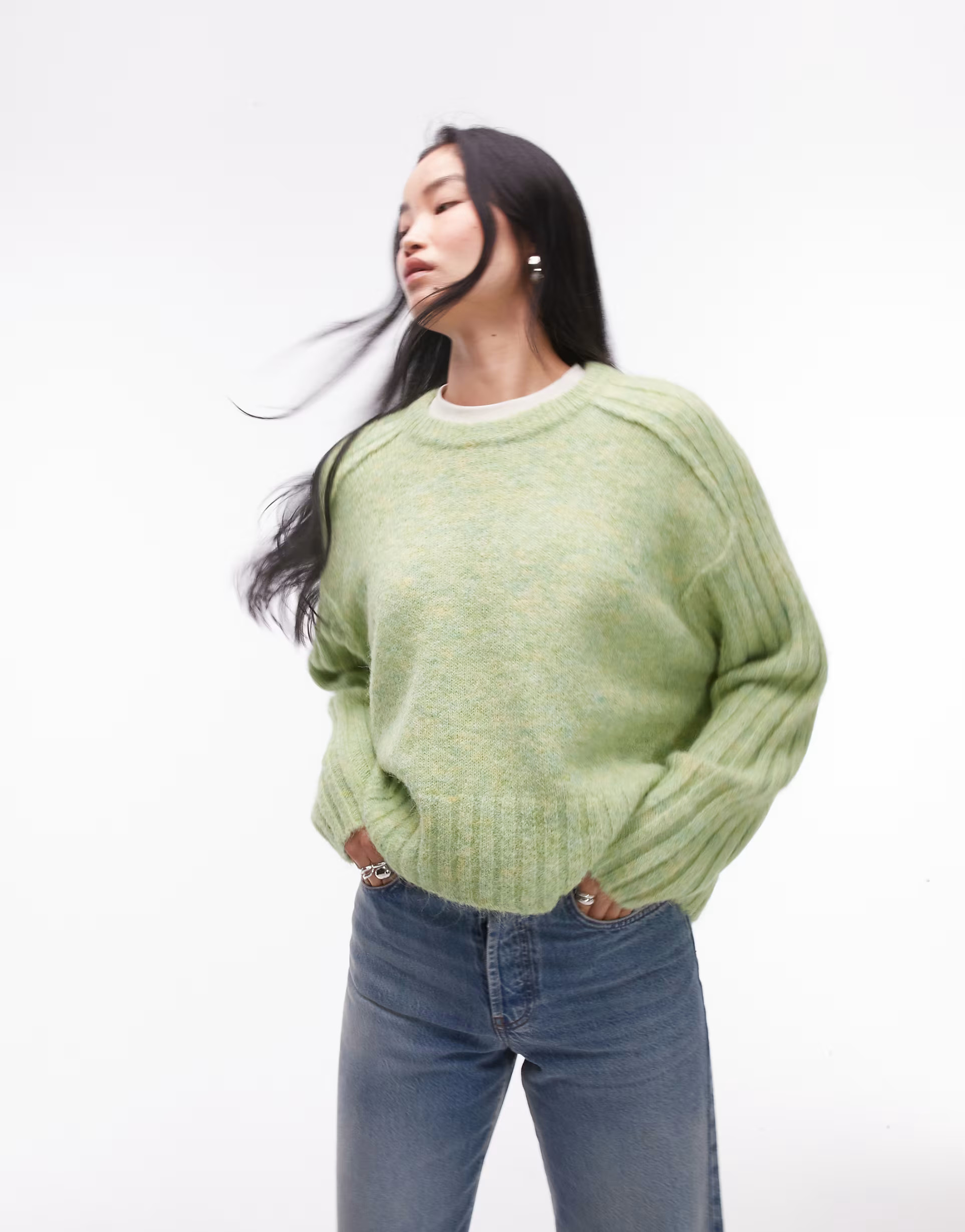 Topshop knitted rib detail crew relaxed jumper in light green | ASOS (Global)