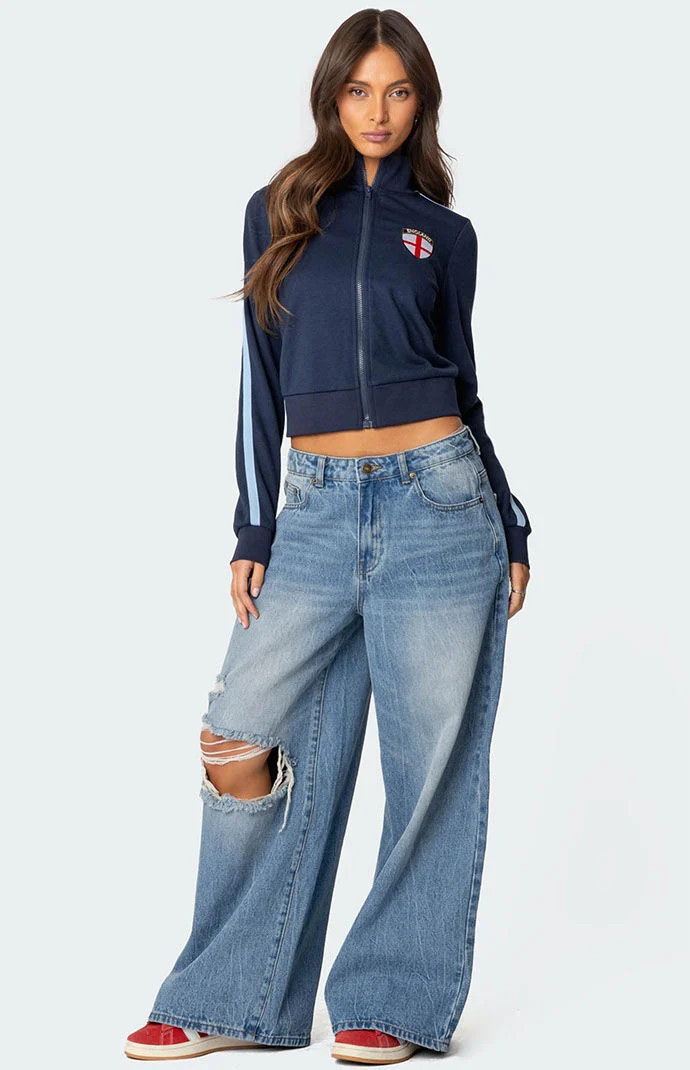 Edikted Women's Distressed Low Rise Baggy Jeans in Blue - Size XS | PacSun