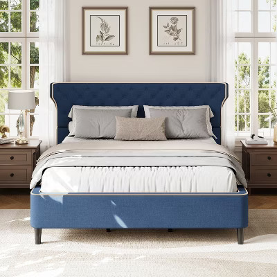 King Size Upholstered Platform Bed Frame with Curved Back Headboard, Button Tufted Design & Piping, Modern Classic, Blue - ModernLuxe | Target