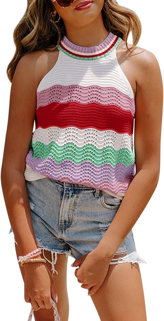 Dellytop Women’s Halter Neck Sweater Vest Color Block Sleeveless Loose Knit Tank Top | Amazon (US)