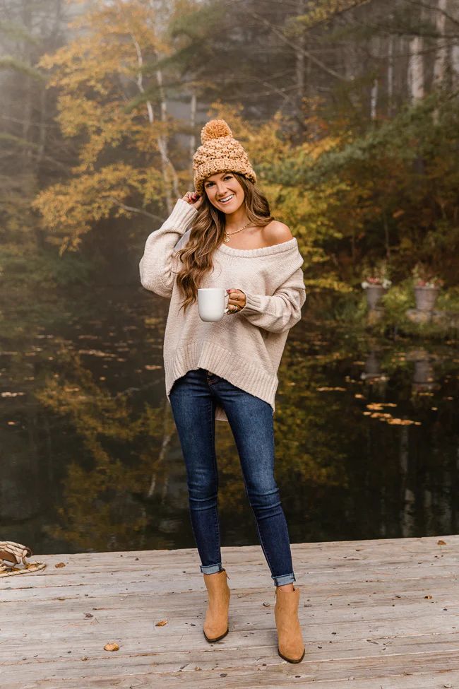 CAITLIN COVINGTON X PINK LILY The Kelsey Wide Neck Taupe Sweater | The Pink Lily Boutique