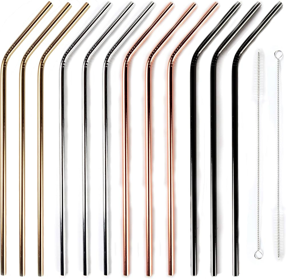 12+2 Pcs Reusable Stainless Steel Straws, Metal Straws, 4 Colors Gold, Silver, Rose Gold & Black ... | Amazon (US)