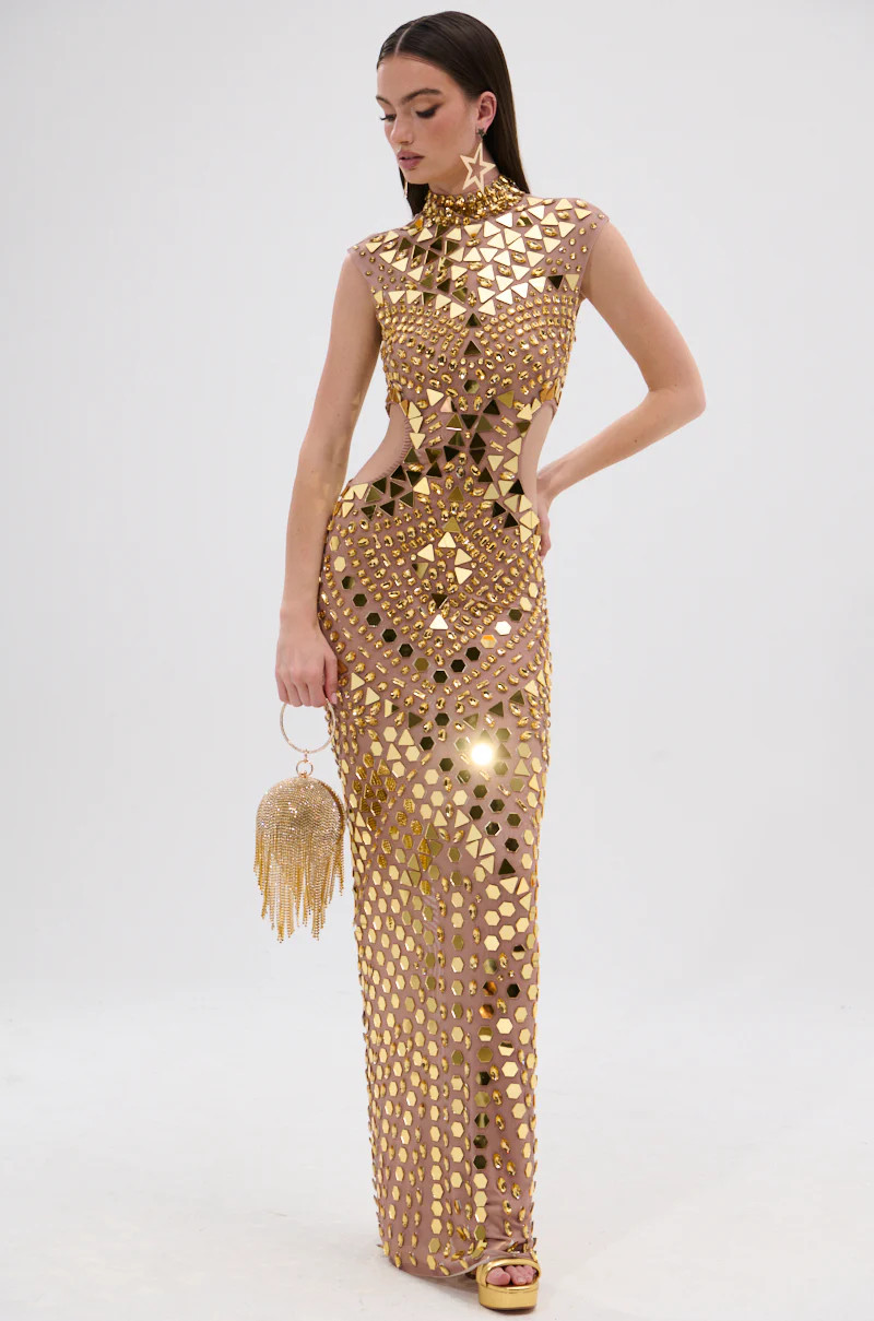 QUEEN OF EVERYTHING MIRRORED MAXI DRESS IN GOLD | AKIRA