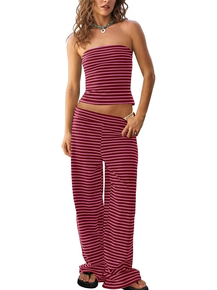 Tankaneo Womens Striped 2 Piece Sets Summer Strapless Crop Tube Tops Wide Leg Pants Matching Loun... | Amazon (US)