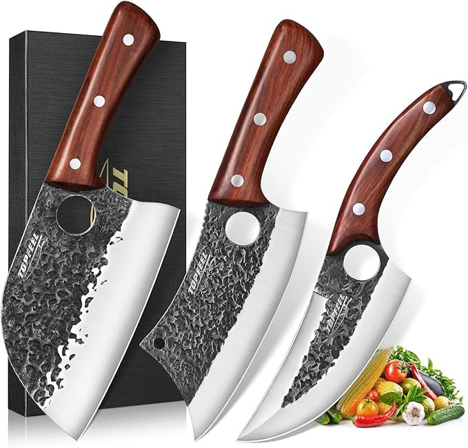 3PCS Butcher Knife Set, Hand Forged Serbian Chef Knife & Meat Cleaver Knife & Viking Knives, Meat... | Amazon (US)