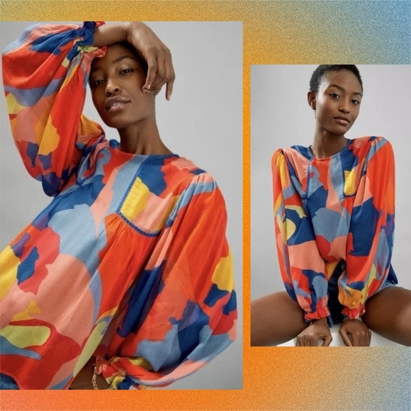 bl^nk london x anthro • miranda peasant blouse coral red blue yellow l | Poshmark