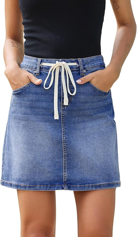 Sidefeel Women's Jean Skirt High Waist Drawstring Stretchy Casual Summer Loose Fit Trendy Mini De... | Amazon (US)