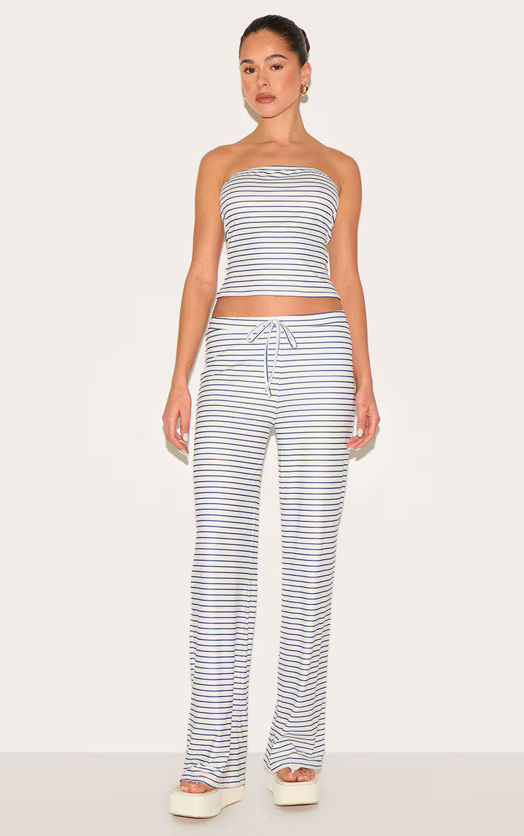 Blue Soft Touch Striped Mid Rise Wide Leg Trousers | PrettyLittleThing UK