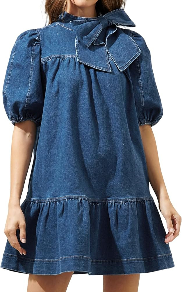 Women Summer Puff Short Sleeve Denim Dress Mock Neck Babydoll Jean Dress with Bow | Amazon (US)