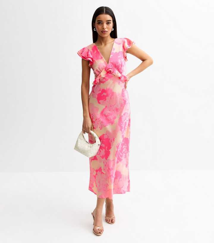 Pink Floral Print Ruffled Trimmed Satin Midi Dress | New Look | New Look (UK)